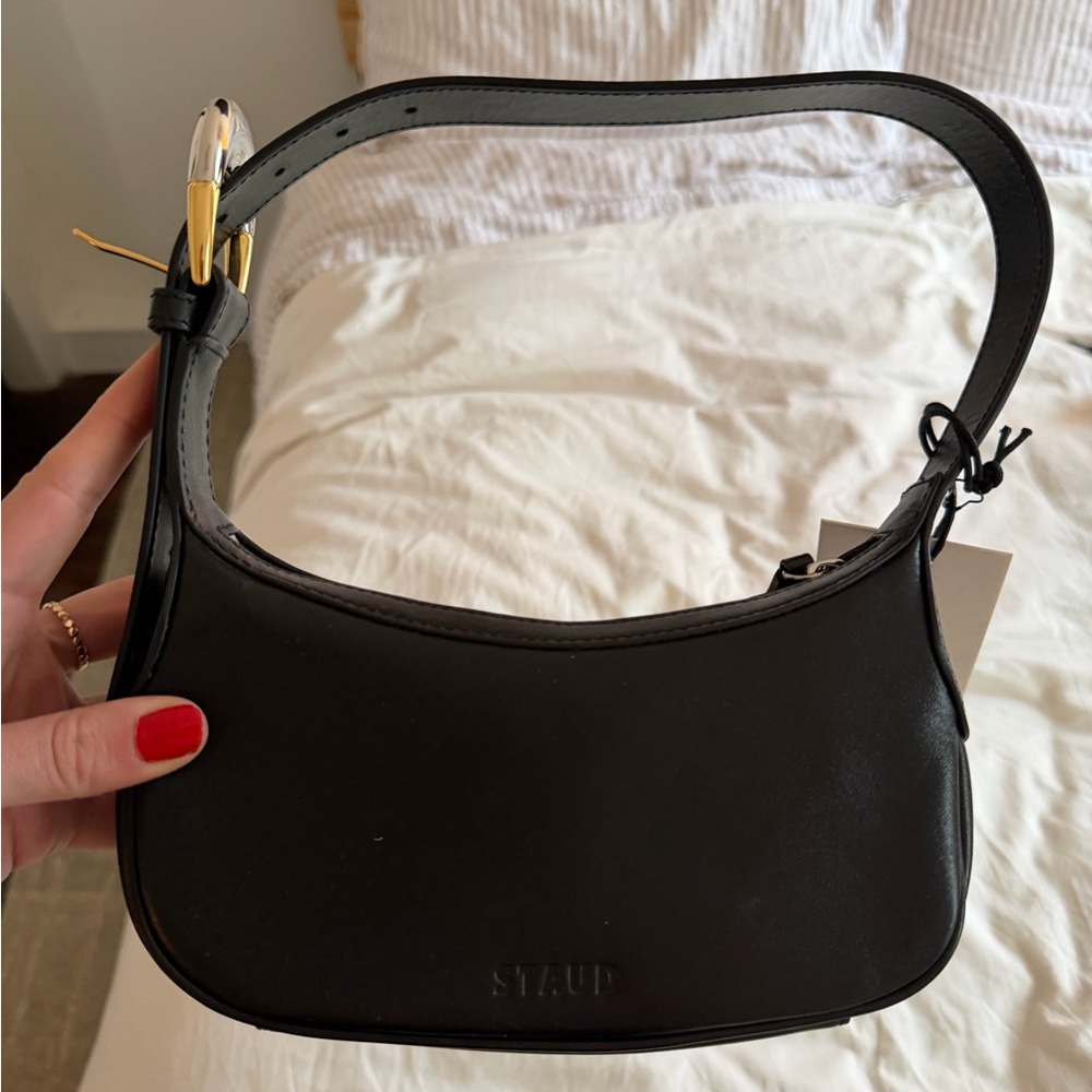 STAUD Owen Black Crescent Leather Shoulder Bag with Mix Metal Hardware